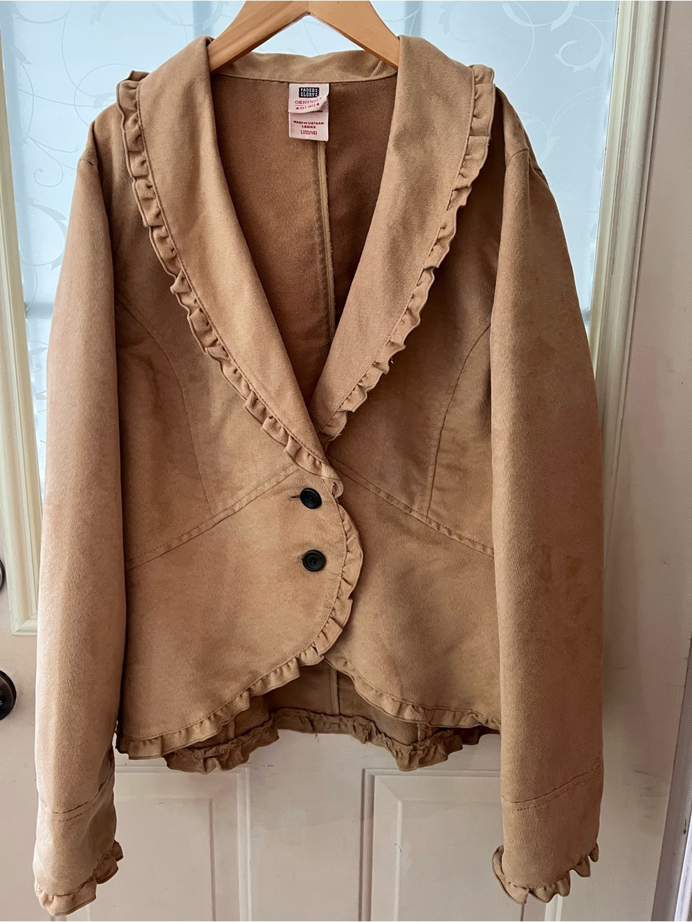 Vintage Faded Glory tan faux suede ruffle blazer jacket in size L 12-14.